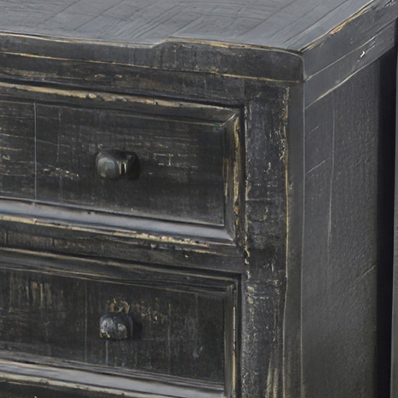 Rena Side End Table | 3 Drawers with Round Knobs | 28" Distressed Pebble Brown Mahogany Wood, Black
