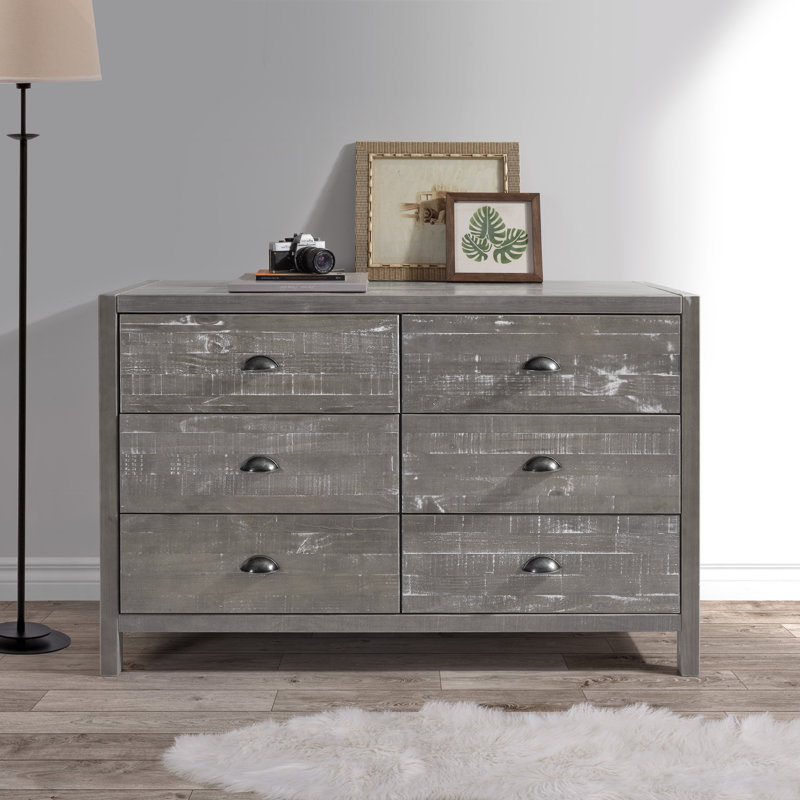 Arranda 6 Drawer 51.13" W Solid Wood Double Dresser, Granite Gray