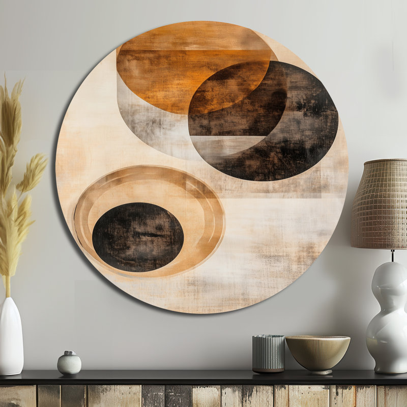 Orbiting Shapes In Sepia Space - Décoration murale ronde abstraite en métal, L 16 po x H 16 po