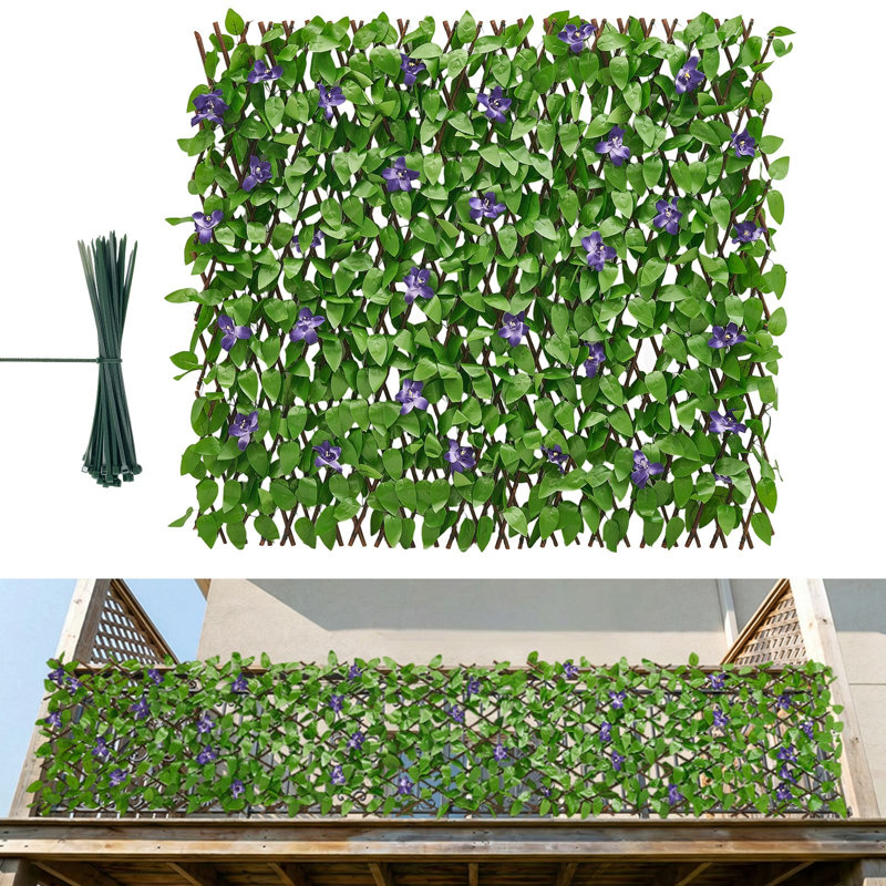 Paravent en lierre artificiel extensible 25,5 x 122 po, feuilles en tissu avec lattes de saule, 1 panneau, vert, avec 50 attaches à fermeture à glissière pour clôture