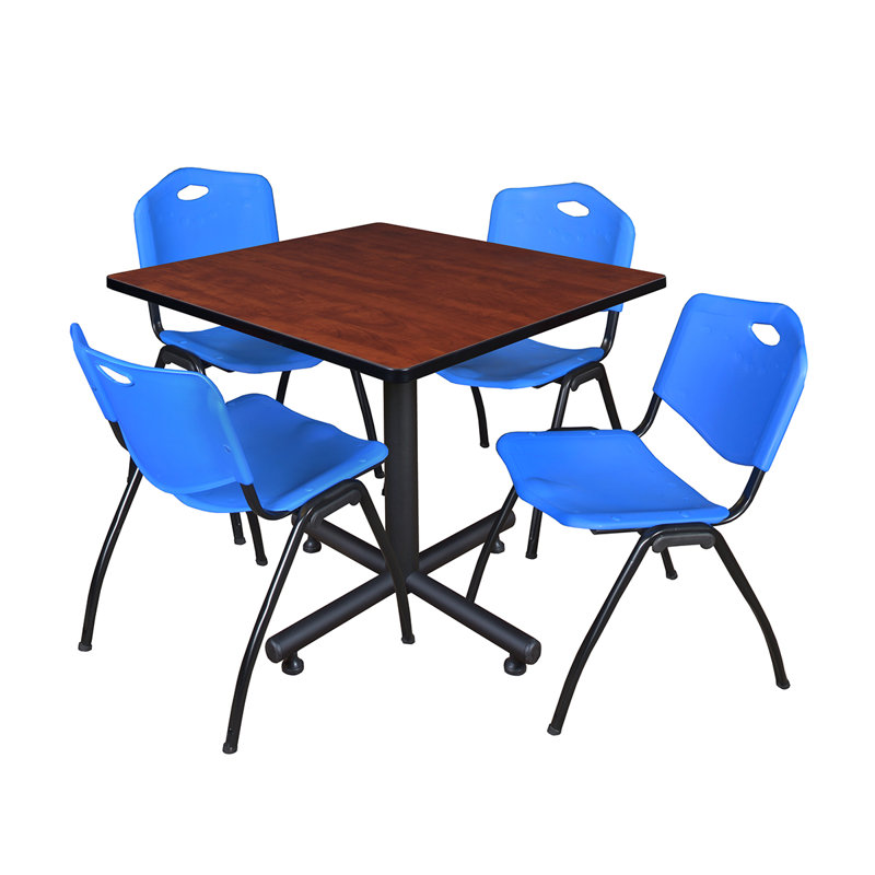 Table de salle de repos carrée Nicklo, chaises empilables 4 M, Bleu, Cerisier