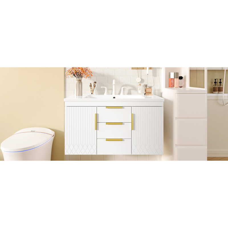 Meuble-lavabo mural de 36 po, conception indépendante, 2 tiroirs, fabrication de haute qualité, glissière lisse, poignées rouille, surface peinte imperméable, lavabo de 36 po x 18 po, peu encombrant, blanc et