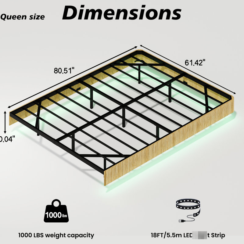 Queen Size Floating Bed Frame, Oak Finish, Wave Curve Wood Texture, Led Lights For Cozy Atmosphere, Heavy Duty Metal Slats, Hidden Support Structure, Color - Customizable Lighting System, Natural