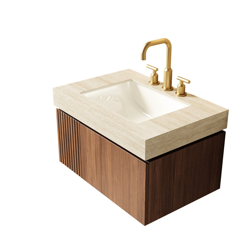 Comptoir en pierre frittée de 76 cm (30 po) avec lavabo encastré en céramique, trois trous prépercés pour robinetterie, poids de 21,7 kg (47,94 lb), hauteur de 21,2 cm (8,35 po), profondeur de 74,4 cm (29,3 po), largeur de 46,7 cm (18,4 po), couleur beige, profondeur et poids standard
