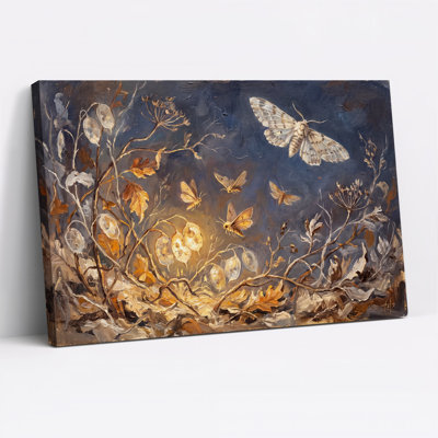 «Moths Flying Near Glowing Seed Pods on Dark Blue», art mural sur toile