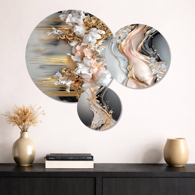 «Whispering Cascade of Gold and White Fractal», art mural 3 pièces