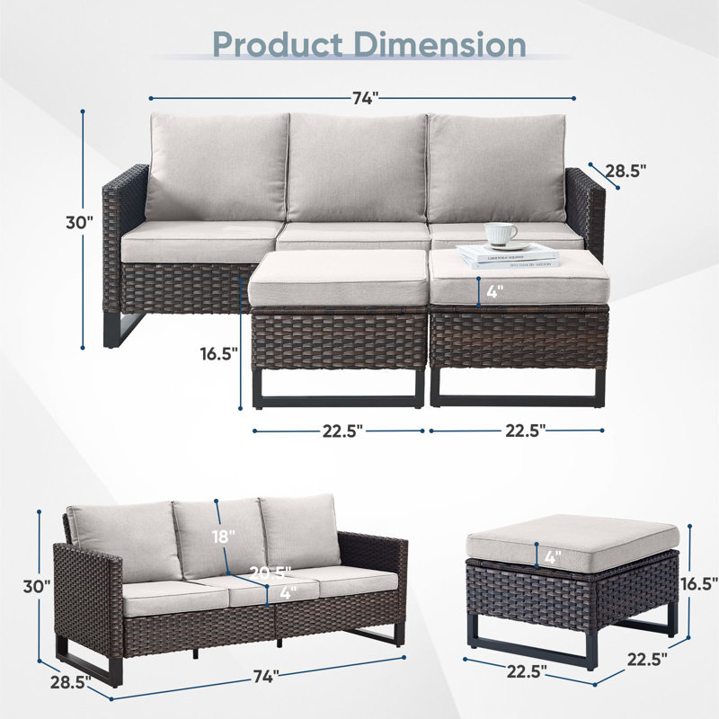 Naresa 3-Piece Outdoor Wicker Sofa Set  3-Seat Rattan Sofa & Ottomans Set, Beige
