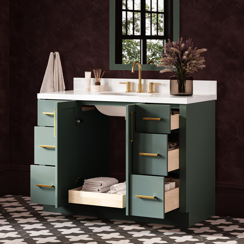Meuble-lavabo ovale simple de 124 cm (49 po) avec comptoir en quartz blanc pur de 3,8 cm (1,5 po) et finition vert vintage