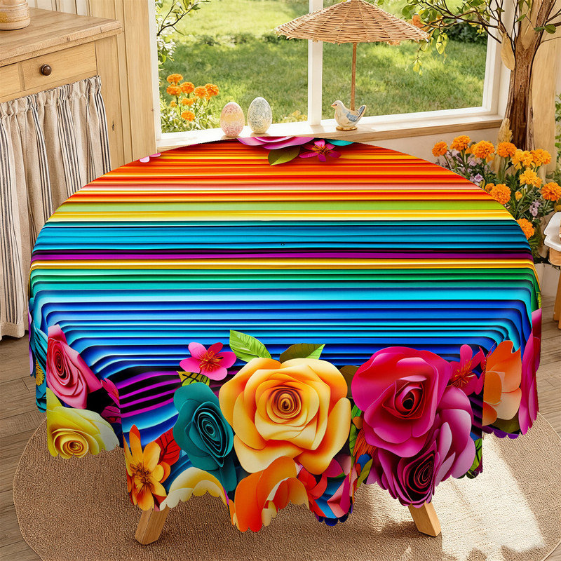 Rainbow Floral Pattern Design Machine Washable Polyester Tablecloth