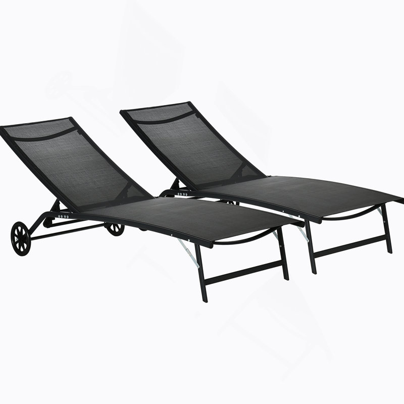 Chaise longue d'extérieur Outsunny, ensemble de 2 pièces avec roulettes et 5 positions réglables pour le patio, la plage, la cour, la piscine, noir