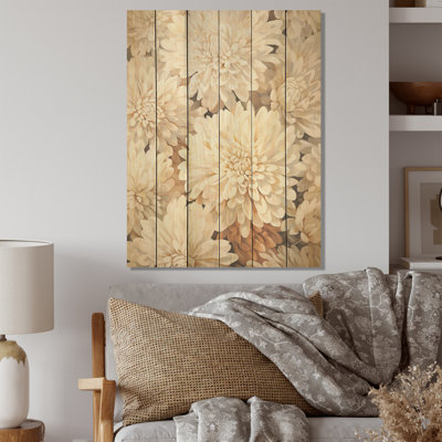«Pure White Chrysanthemums Mosaic - Chrysanthemums Wood, art mural sur bois de pin naturel
