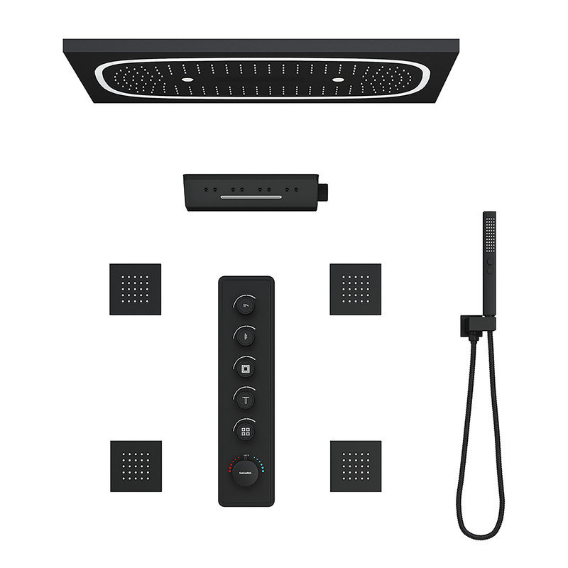 Système de douche thermostatique à DEL 5 fonctions avec musique Bluetooth, 4 jets corporels, douche à main