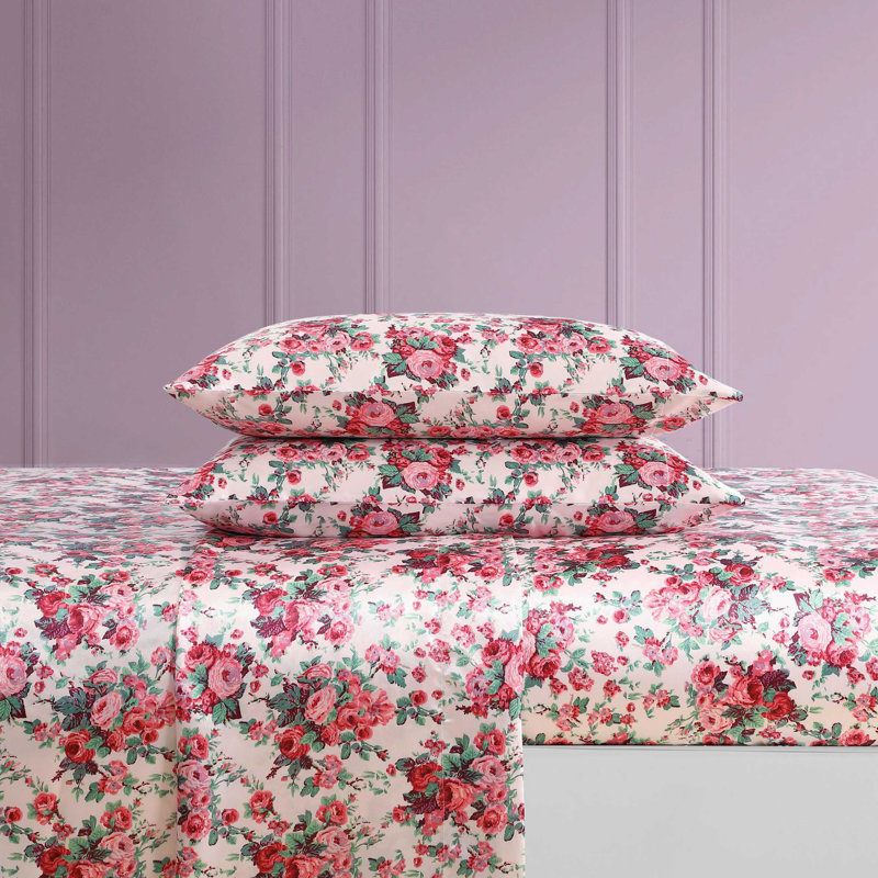 Betsey Johnson Soft Satin Sheet Sets, Queen Sheet Set with 2 Pillowcases, Vintage Floral