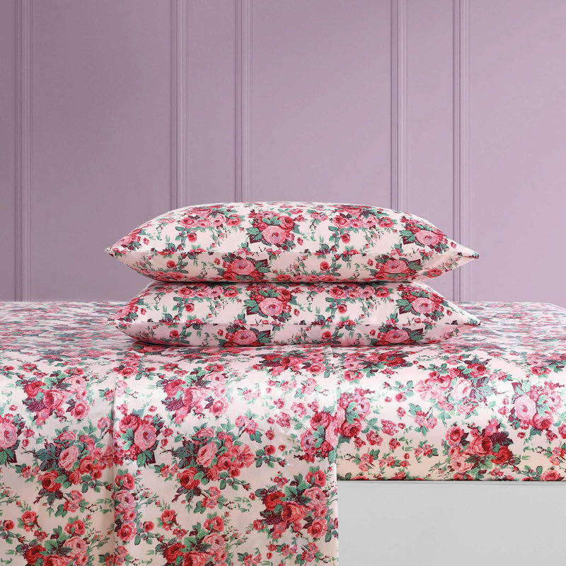 Ensemble de draps en satin doux Betsey Johnson, Ensemble de draps pour grand lit avec 2 taies d'or, Floral rétro