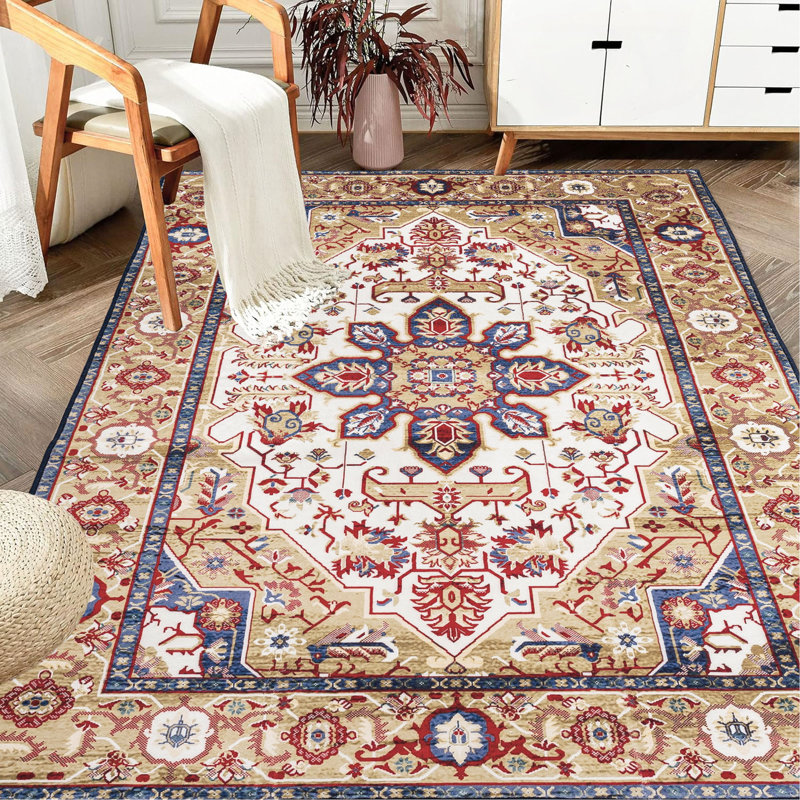 Area Rug Vintage Bohemia Large Persian Non-Slip Washable Rug For Living Room Kitchen Bedroom Living Room Flower Design