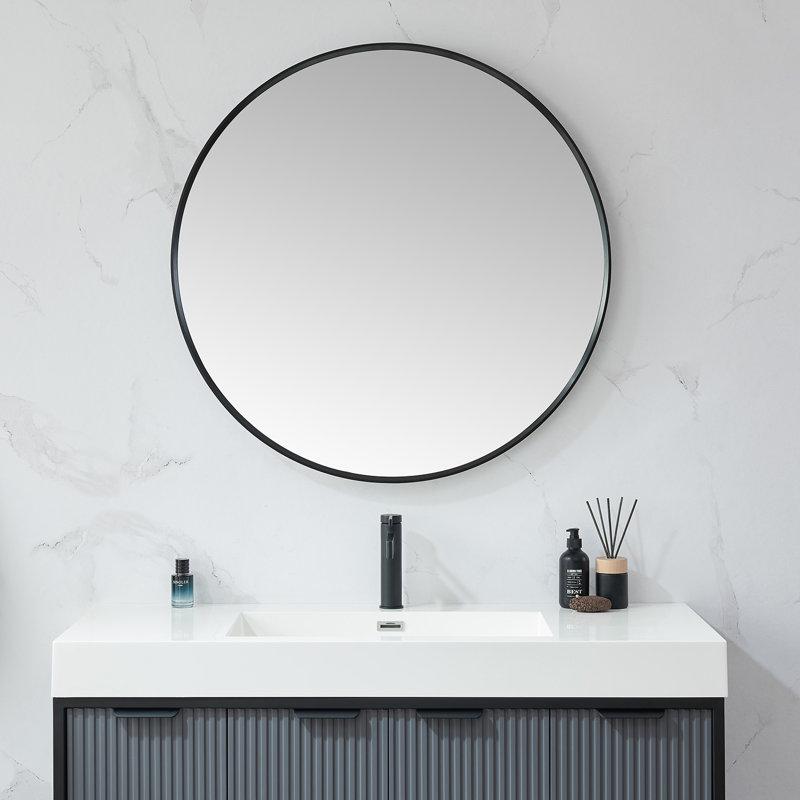 Kaliea Metal Flat Wall Mirror, Brushed Black , 35.4'' x 35.4''