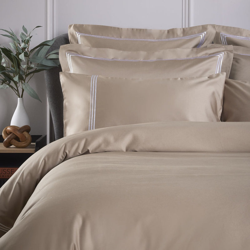 Cate 800 Thread Count Triple Row Cord Embroidered Sateen Pillow Cases, Flax/White