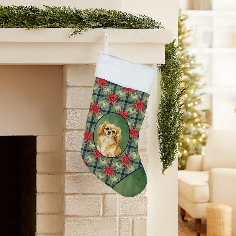 Chaussette de Noël dorée épagneul tibétain