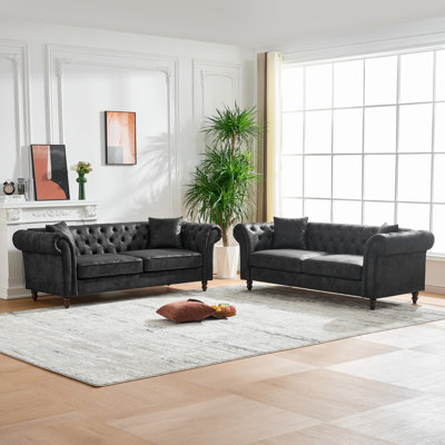 3+3 Seater Chesterfield Tech Fabric Sofa, High-Tech Roll Armrest, Upholstered Mid Century Modern Couch For Living Room, Office, Apartment
