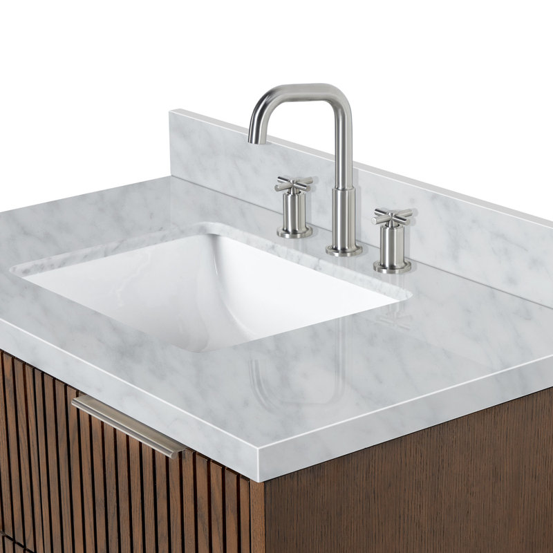 Mulloy 36 Inch Wall-Mounted Single Rectangle Vanity Bathroom Vanity with Carrara White Marble Countertop 1.5 Inch in Brown Oak