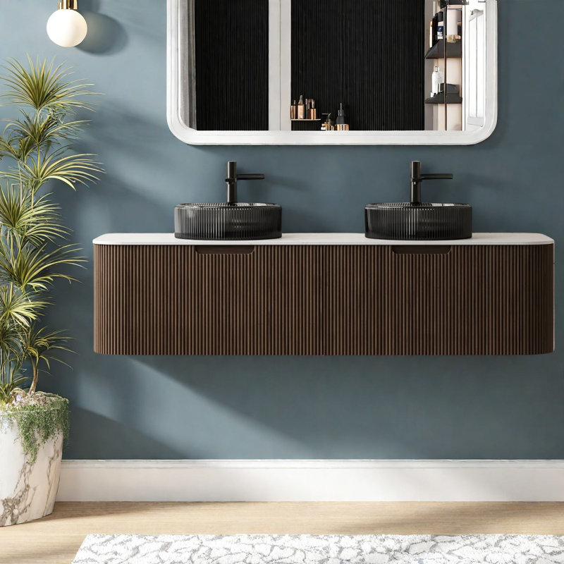 Meuble-lavabo mural moderne avec lavabo, grain de bois noyer, armoire de rangement