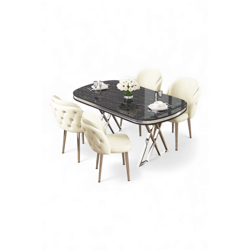 Ensemble de table et chaises de salle à manger (5 pièces), Ensemble de cinq pièces : table, quatre chaises, Crème