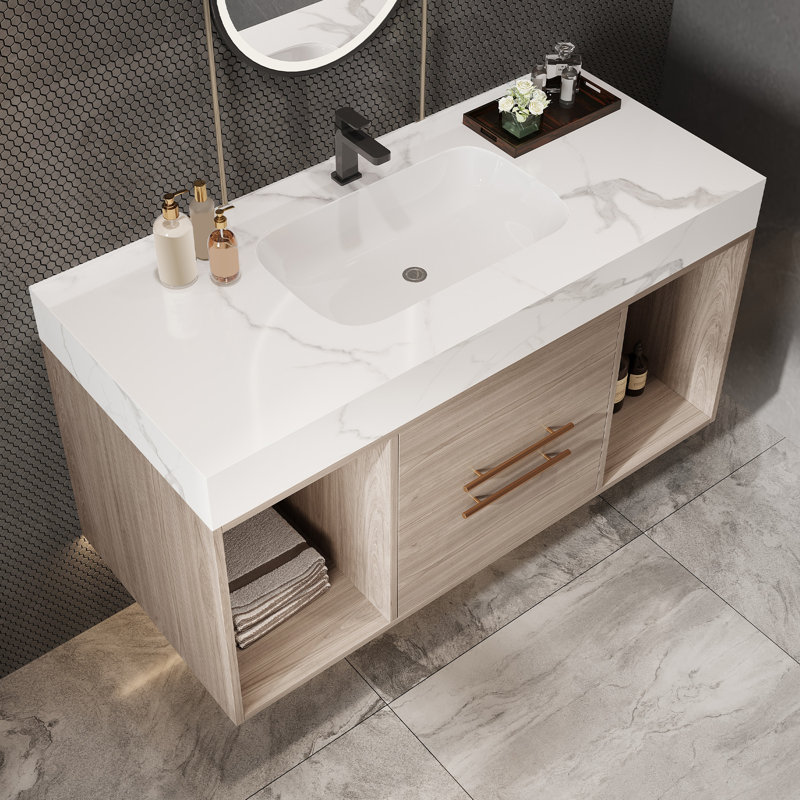 Meuble-lavabo flottant moderne avec lavabo en céramique, rangement spacieux, design blanc