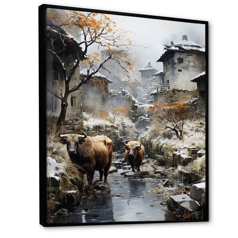 Yaks Urban visiteur I sur toile, Cadre flottant noir, H 44 po x l 34 po x P 1,5 po