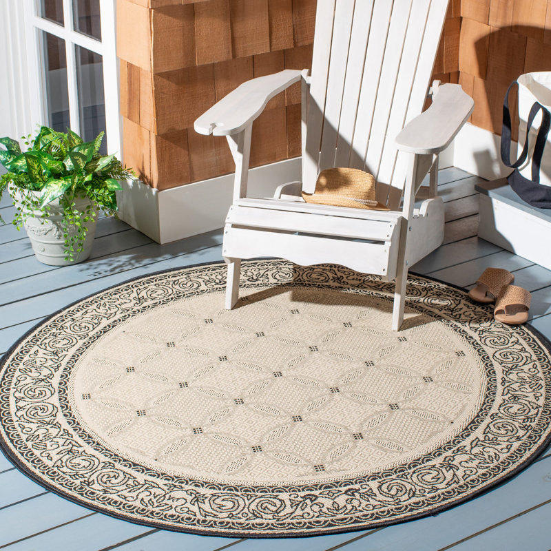 Arneshia Oriental Ivory/Black Indoor / Outdoor Area Indoor/Outdoor Area Rug, Round 6'7"