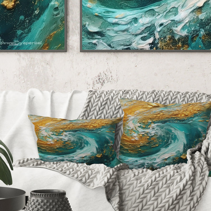 Coussin décoratif "Golden Ocean Swirling Waves" I - Abstract Spirals