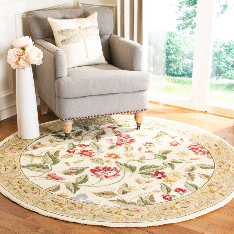 Hollander Floral Handmade Looped Ivory/ Beige Indoor Area Rug, Round 3'