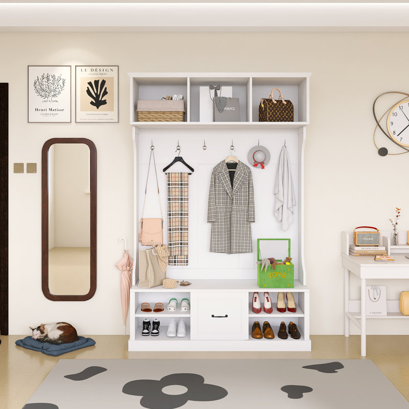 57.00 Inch Hall Tree With 6 Hooks,Entryway Bench And Drawer, White