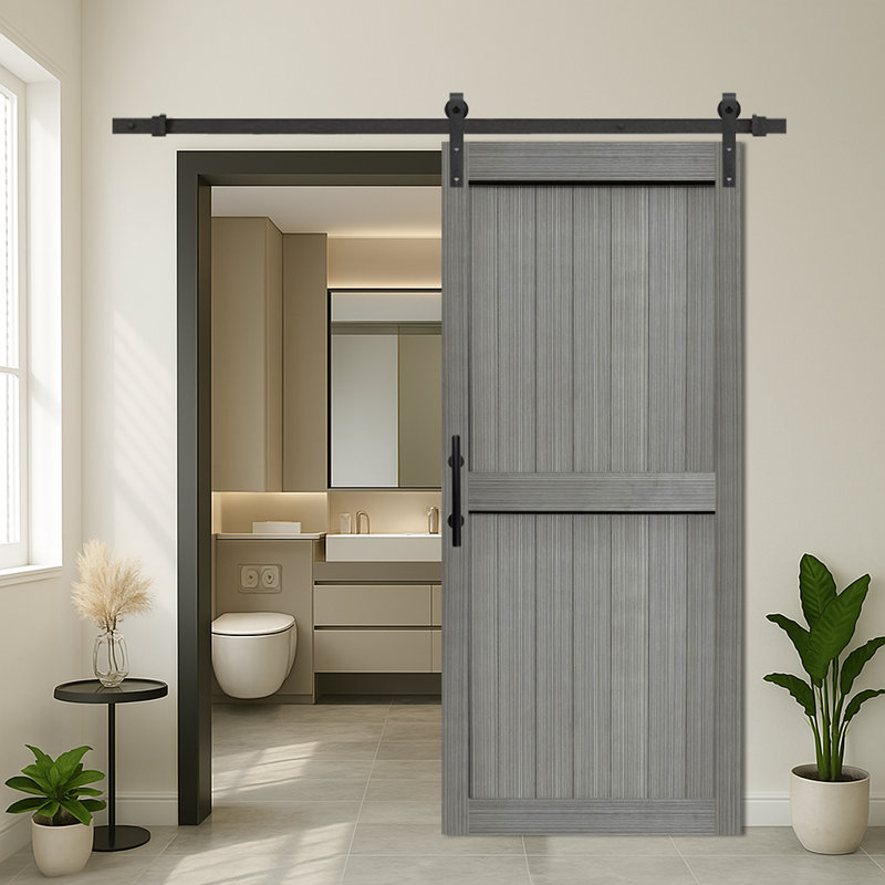 Ensemble de quincaillerie de porte de grange en panneau de fibres à densité moyenne avec porte coulissante recouverte d'une surface en PVC imperméable