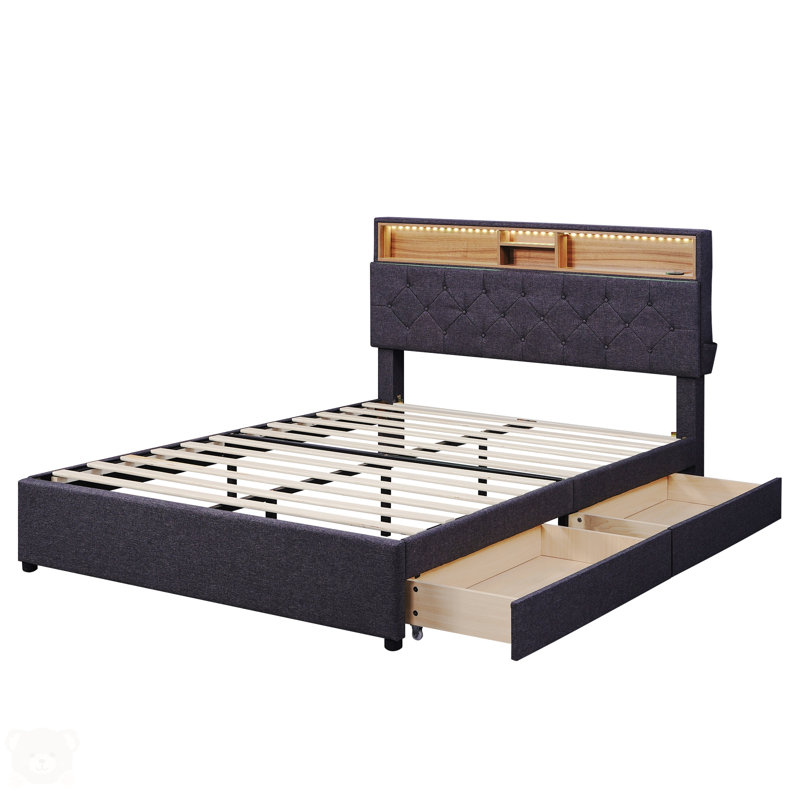 Ingry Ulani Upholstered Platform Bed with Storage Headboard, LED, USB Charging and 2 Drawers, Full, Dark Grey