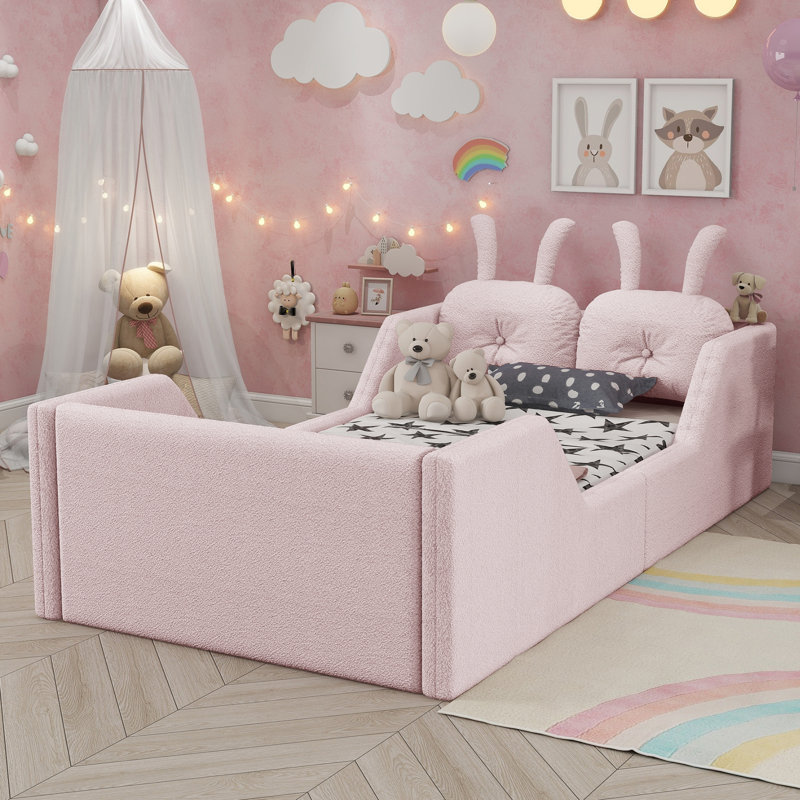 Upholstered Platform Bed with Rabbit Cushion, Blue