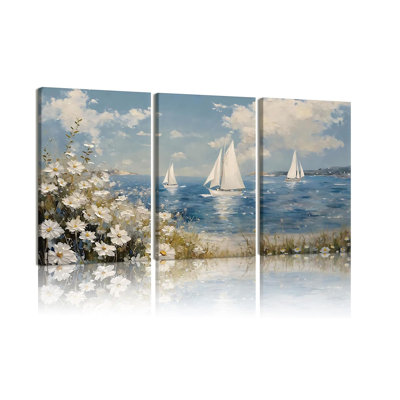 3 Pcs Framed Coastal Wildflowers Canvas Wall Art Ocean Sailboat Canvas Print Beach Flowers Seascape Blue Sky And Flowers Posters Living Room, Bedroom, Country Farmhouse Artwork