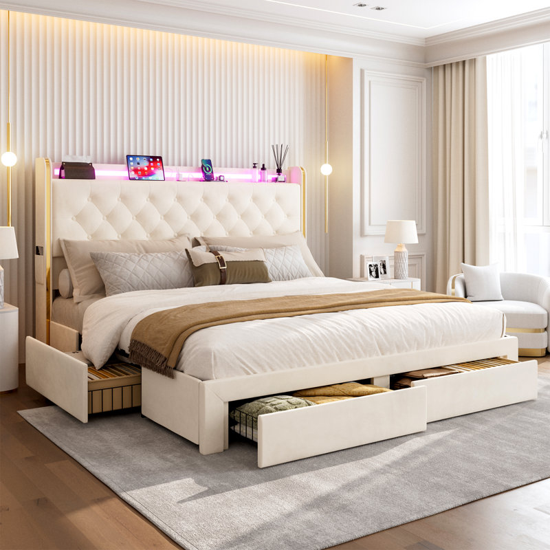  49.2" Tall King Size Bed Frame With 4 Storage Drawers, Velvet Upholstered Platform Bed With Wingback Storage Headboard, Led Lights & Charging Station, No Box Spring Needed, Noise Free, Beige