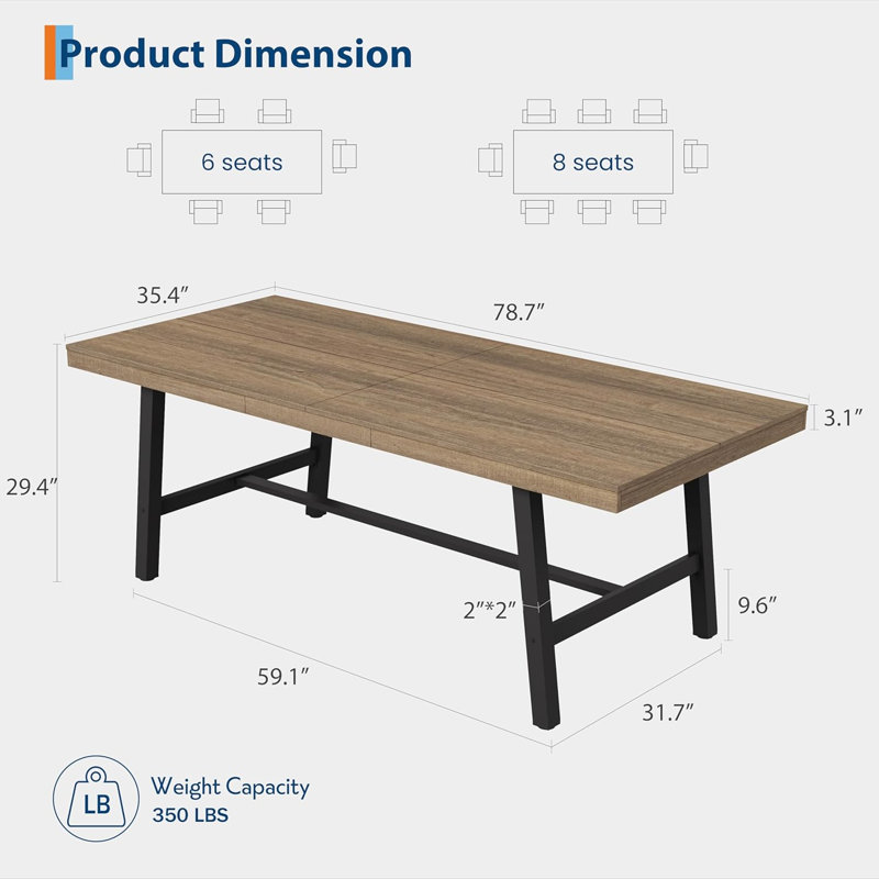 78.7" Industrial Dining Table for 6-8, Large Rectangular Kitchen Table with Sturdy Metal Frame, Beige Wood