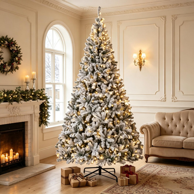 Sapin de Noël artificiel enneigé 9 pi avec branches DEL et lumières DEL, base en métal robuste et pliable au fini vert et blanc