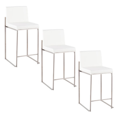 26" Contemporary High Back Counter Stool In Stainless Steel And White Faux Leather  - Set Of 3