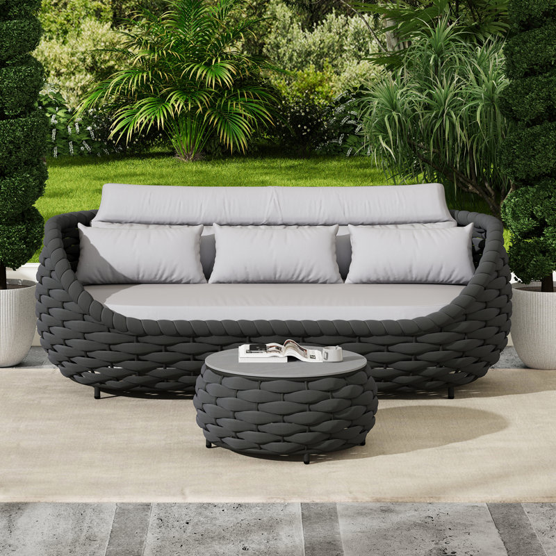 Ensemble de 2 pièces de canapé d'extérieur en aluminium thermolaqué avec table basse, Gris foncé, Gris clair, Corde Textilene