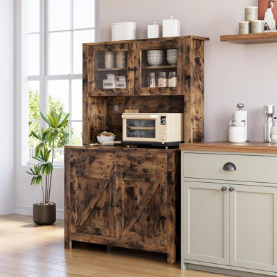 Tall 4-Door Kitchen Pantry Cabinet with Microwave Stand, Adjustable Shelves, Freestanding Storage Hutch for Dining Room by Latitude Run