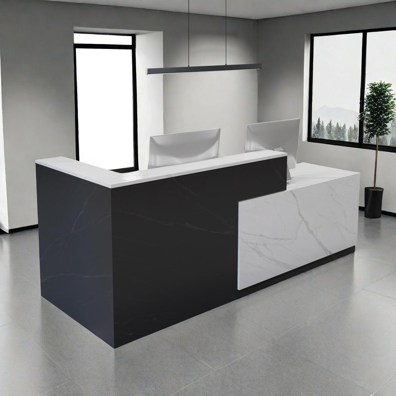 L-Shaped Reception Desk with Locking Drawers & Storage Cabinet, Side Storage Rack, Double Computer Desk for Office