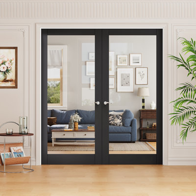 Interior 1-Lite Black & Clear Glass Door, CARB P2 MDF & SGCC Tempered Glass French Doors, Matte Black Hardware-Privacy Door Lever with Lock, Latch & Hinges, Pre‑Finished & Waterproof, Pantry, Bedroom, Bathroom & Closet, Easy DIY Stain, 64"x 80"