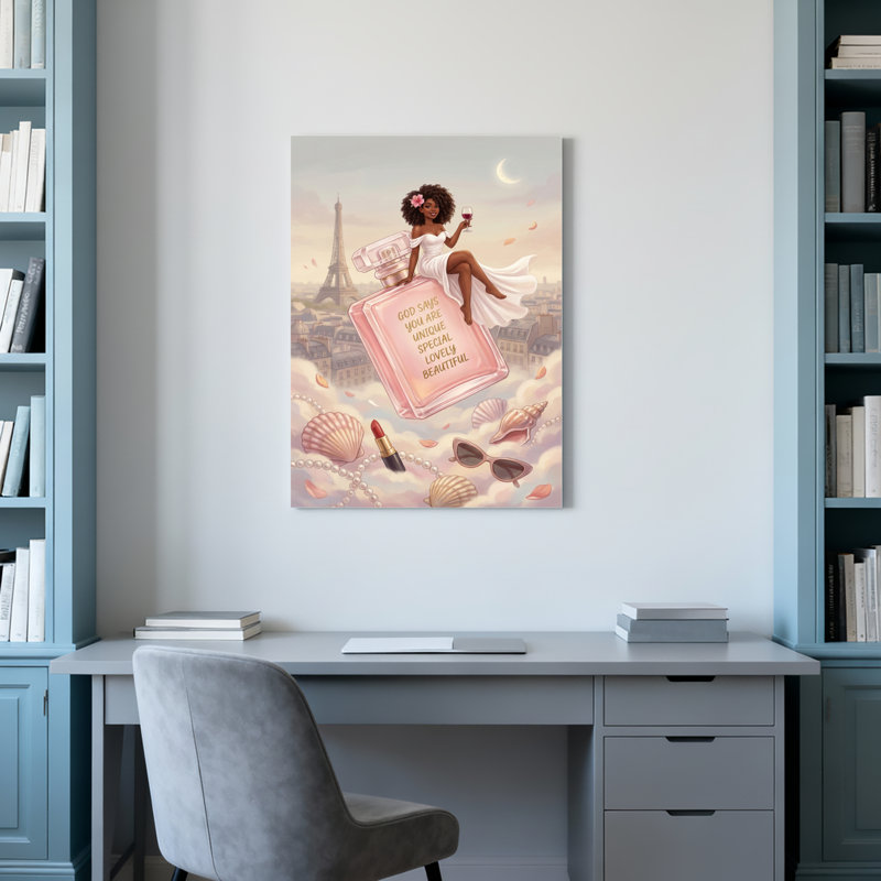 Flacon de parfum orné de la Tour Eiffel et de la ligne d'horizon parisienne, toile tendue sur châssis (lot de 1)