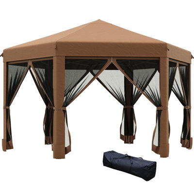 Pavillon de jardin hexagonal 13 'x 11' robuste. 6 parois latérales en maille, hauteur réglable, structure en acier robuste, brun. Parfait pour jongler avec la tente. Filet latéral, événements sportifs sombres