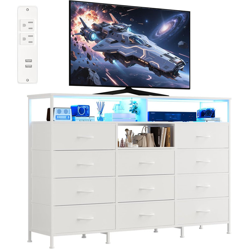 11 Drawer Fabric Dresser TV Stand with LED Lights & Power Outlet, 55" Wide Chest of Drawers with Wooden Top for Bedroom & Living Room