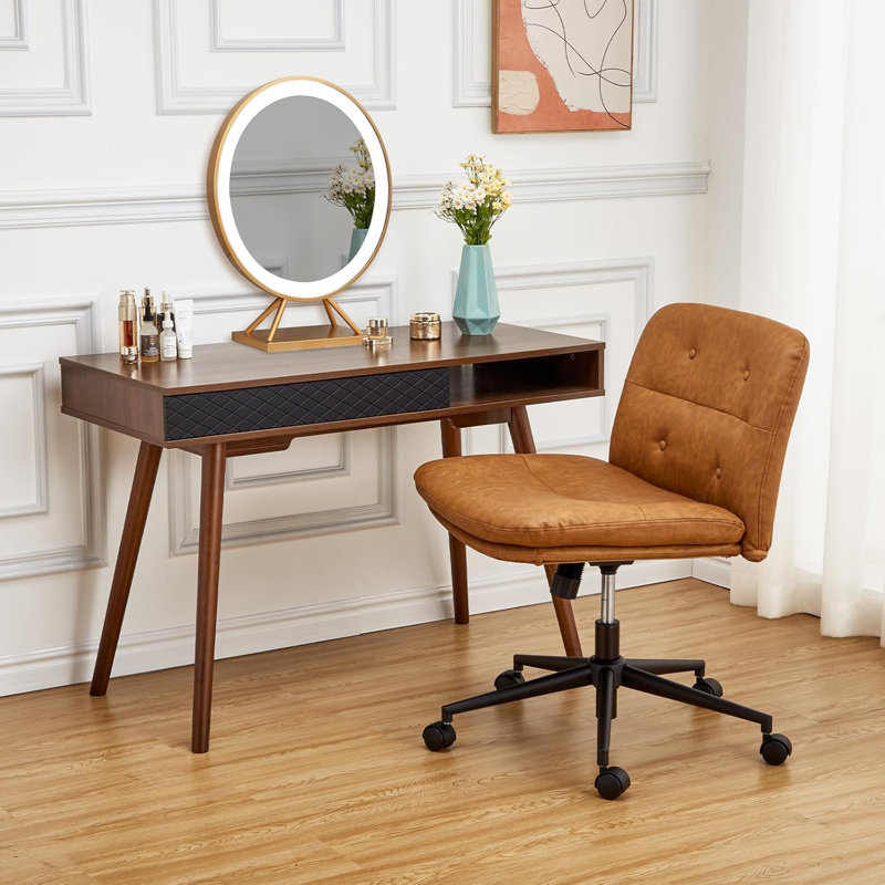 63.5CM Wide Cross Legged Office Chair Rolling Armless Office Chair,Ergonomic PU Office Chairs with Fabric Padded,Height Adjustable Wide Seat Swivel Vanity chairs for (Brown)