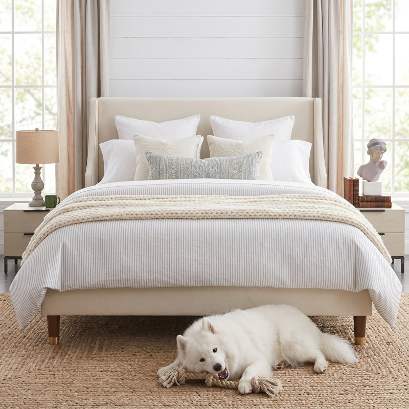 Melaya Elegant Wingback Upholstered Platform Bed Frame – Luxurious Design with Gold Piping, Sturdy Support, and Easy Assembly