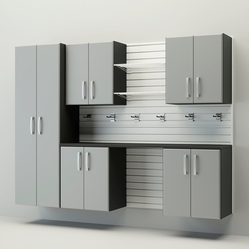 Flow Wall 7 Piece Cabinet Set, White/Silver
